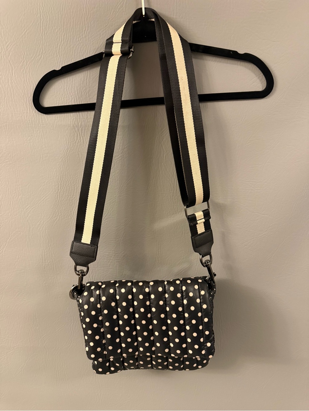 THINK ROYLN Quilted Puffer Crossbody Bag - Black & White Polka Dot